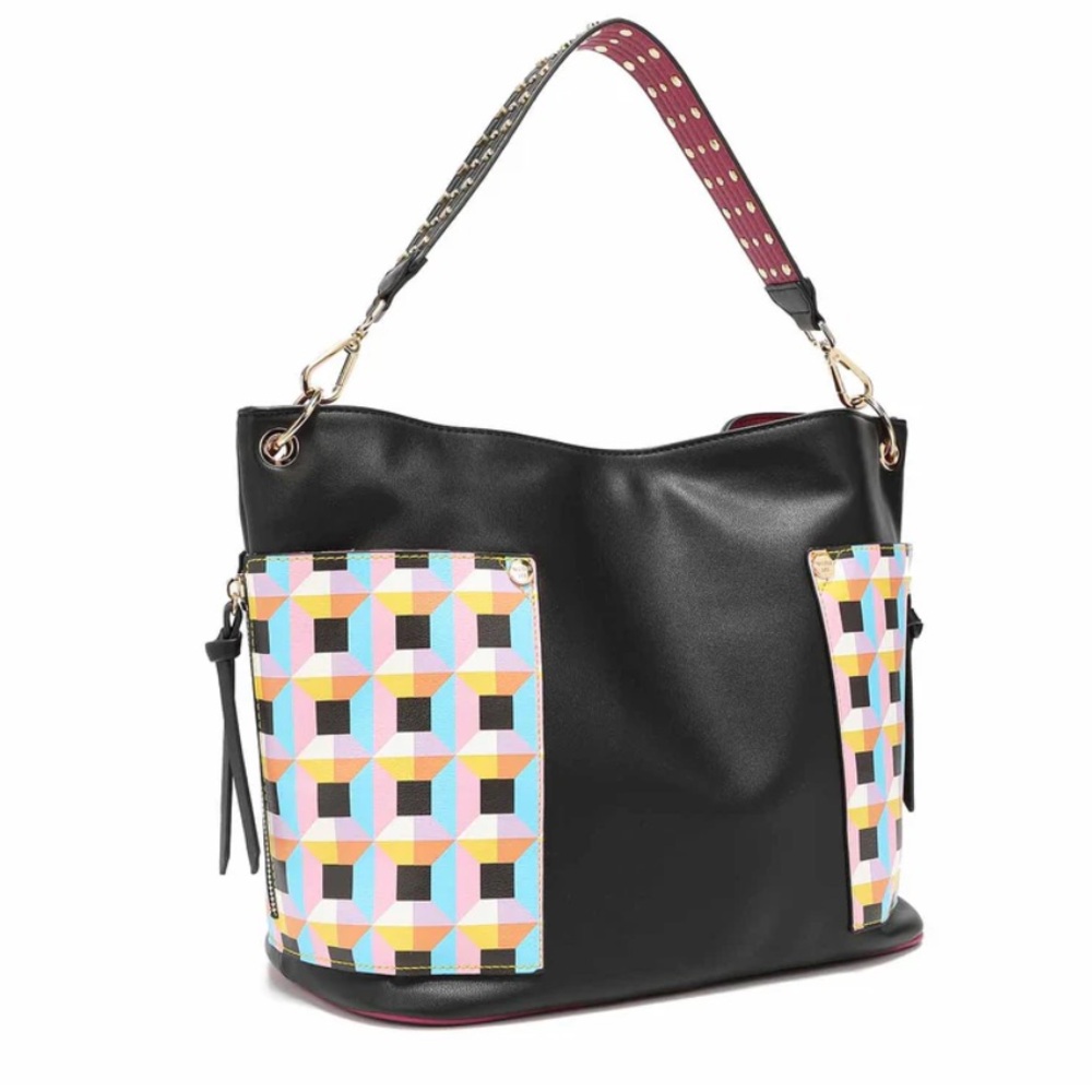 Nicole Lee Black and Pink checkered  Handbag with studded strap